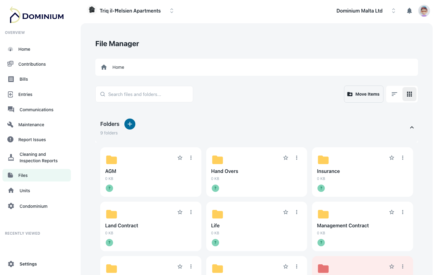Dominium communication files and forums screen — Malta client portal
